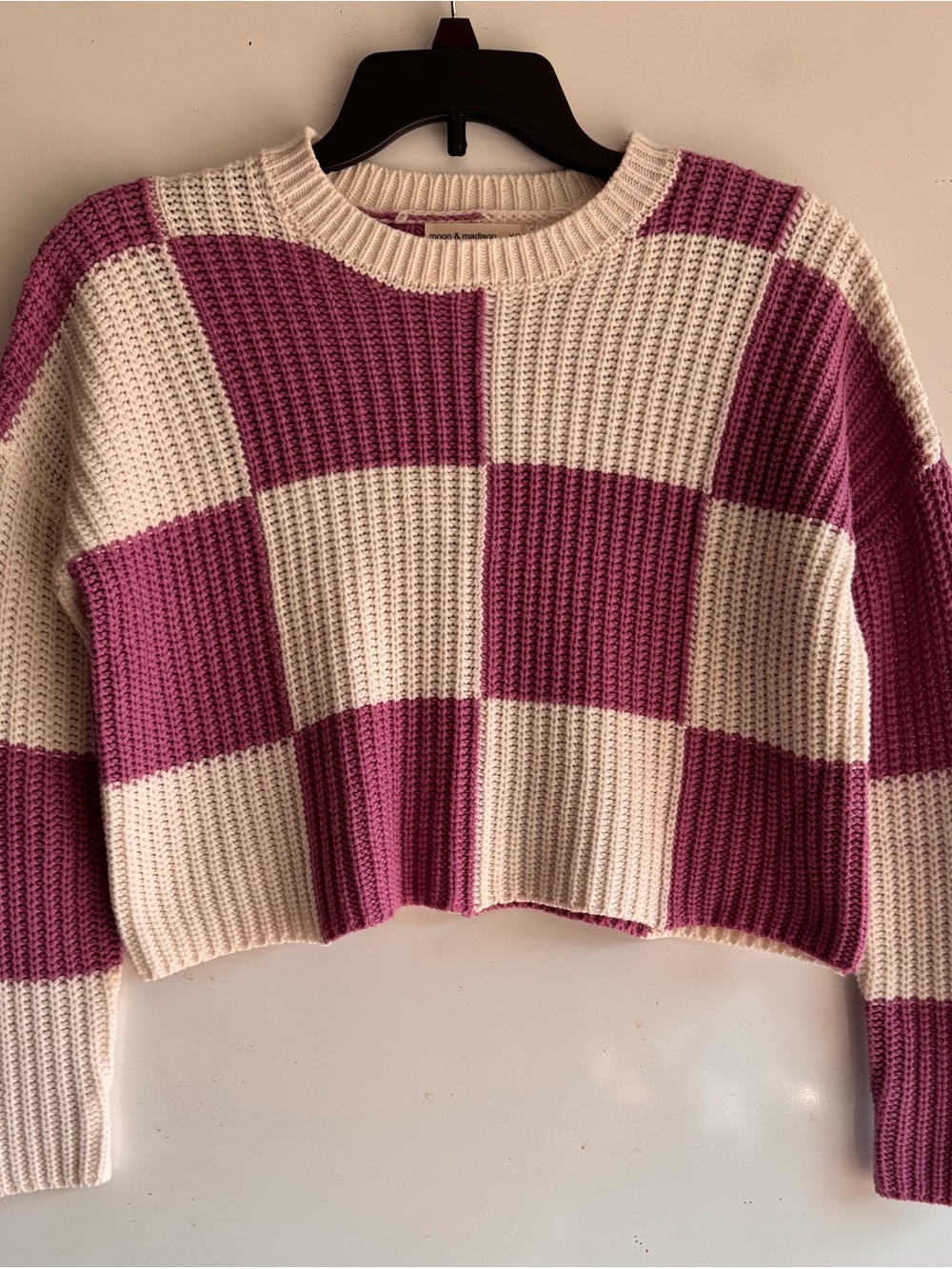 moon & madison Purple and Cream Checkerboard Cropped Crewneck Sweater